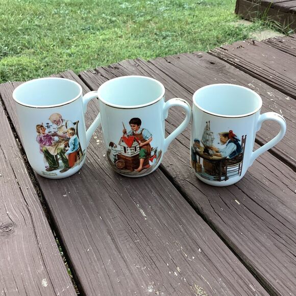 Norman Rockwell Mug Lot of 3 – 1982 Vintage Coffee Cups Gold Trim Collectible - Picture 1 of 8